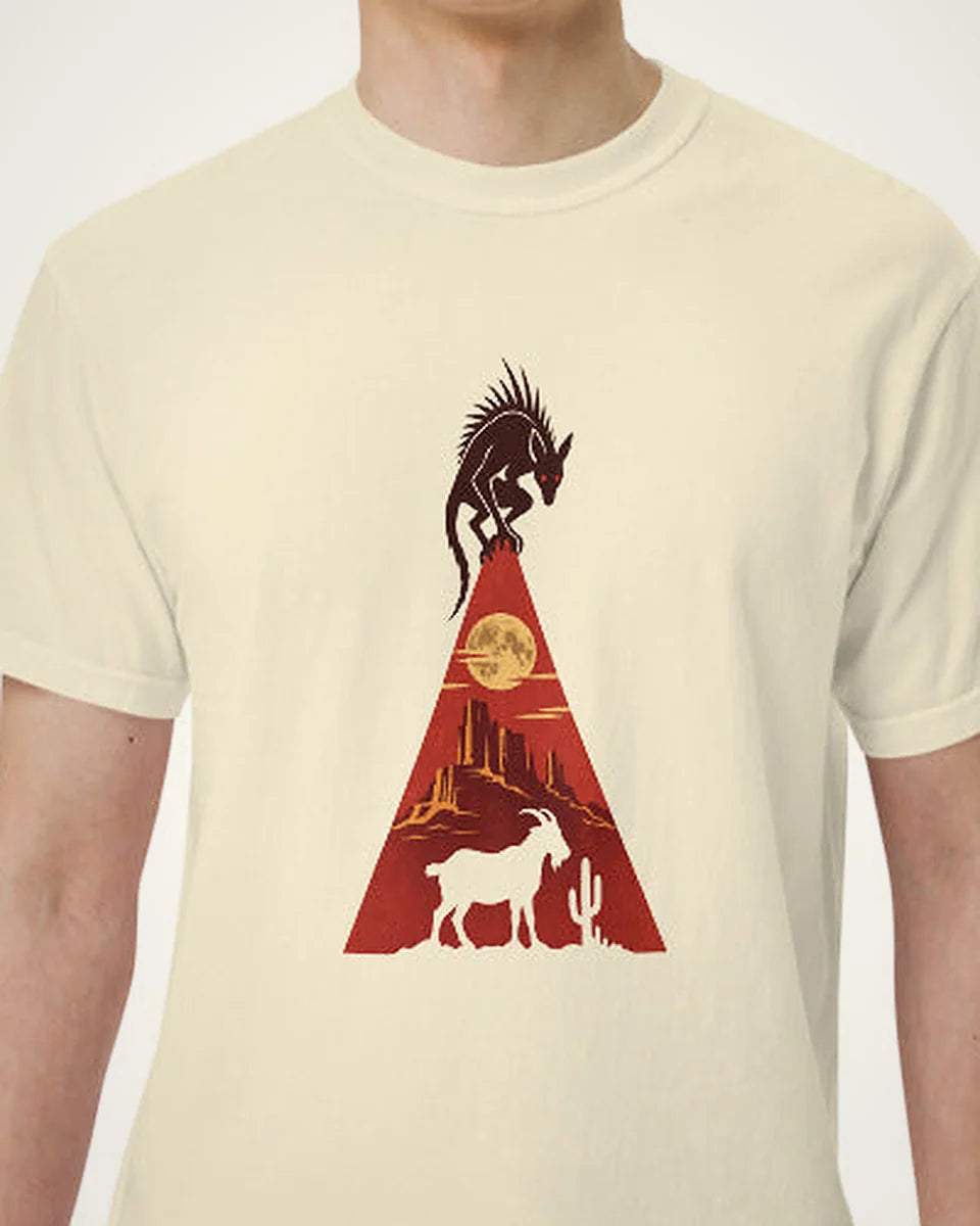 Chupacabra: The Goatsucker tee, ivory, worn, torso view