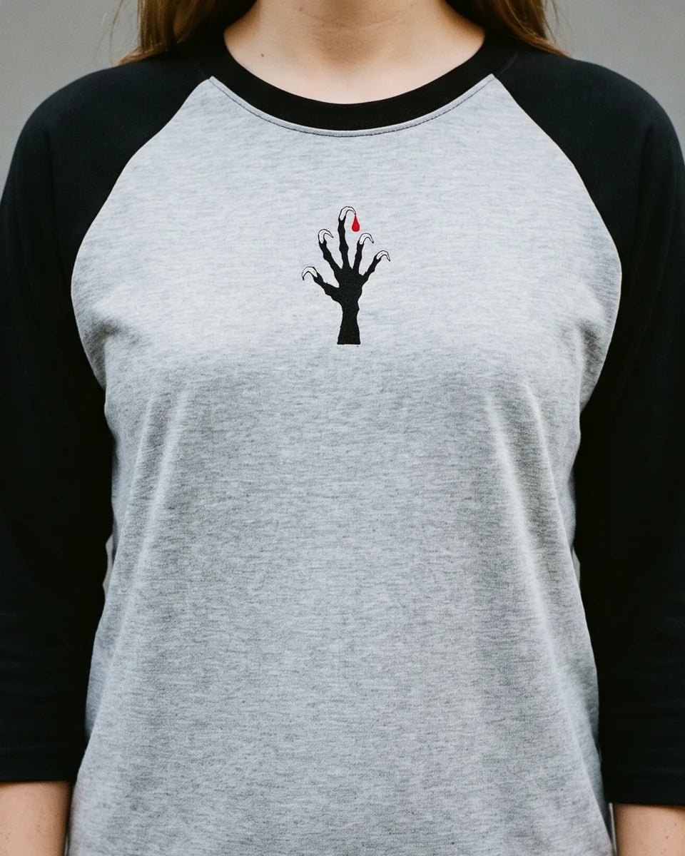 Claw Shadow Raglan, Heather Grey/Black, worn, torso view, embroidered clawed hand
