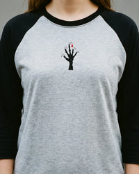 Claw Shadow Raglan, Heather Grey/Black, worn, torso view, embroidered clawed hand