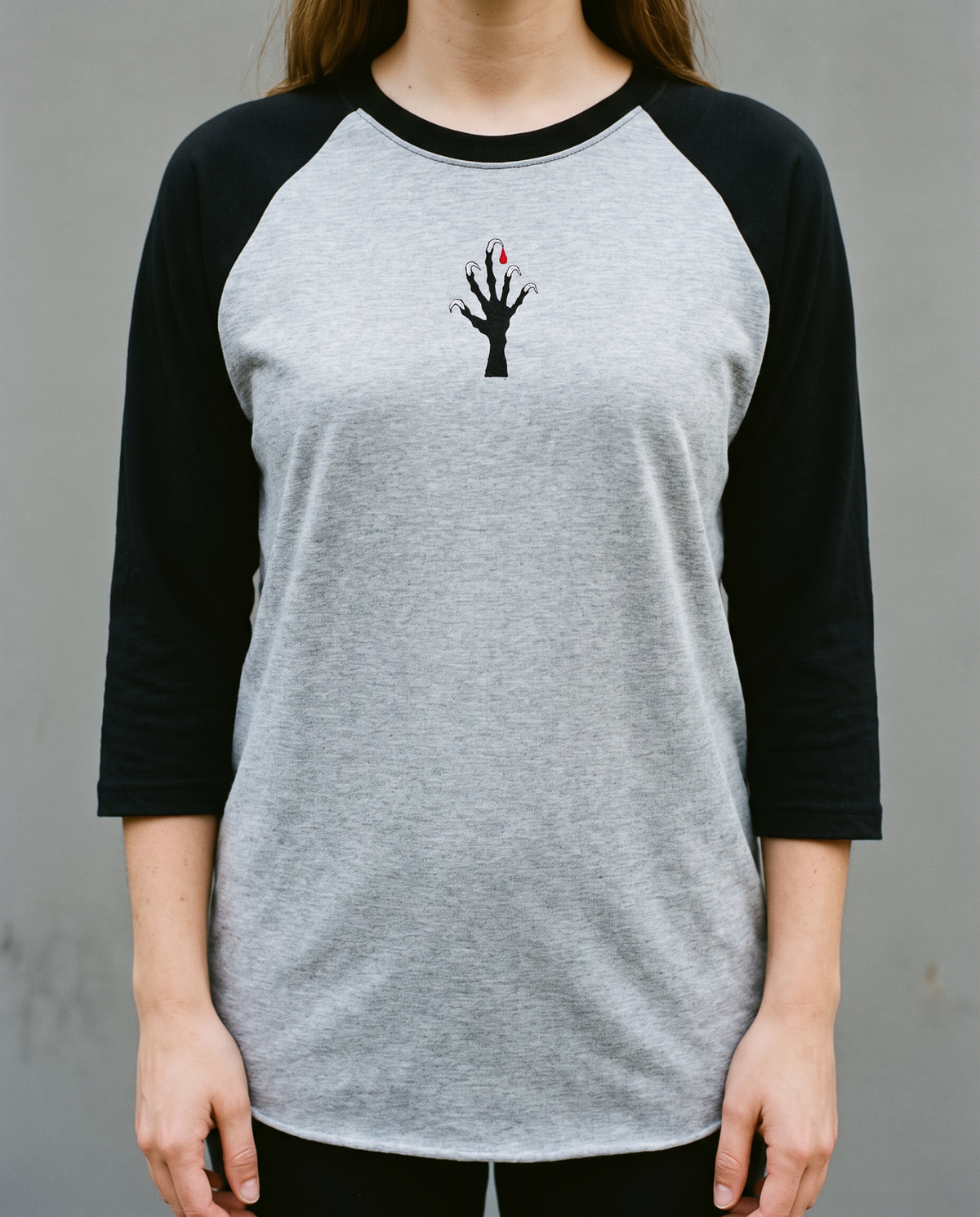 Claw Shadow Raglan, Heather Grey/Black, worn, chest detail, embroidered clawed hand on Tultex 245 raglan