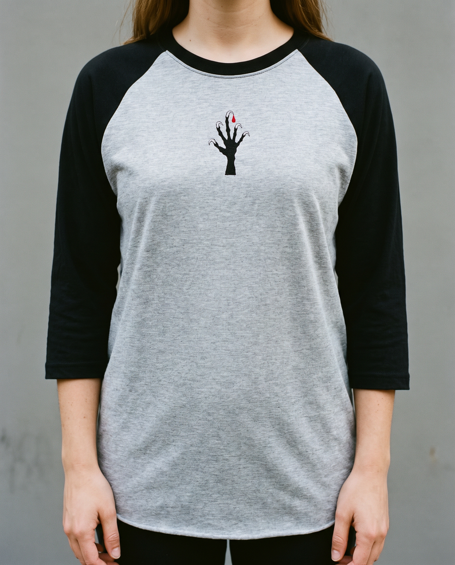 Claw Shadow Raglan, Heather Grey/Black, worn, chest detail, embroidered clawed hand on Tultex 245 raglan