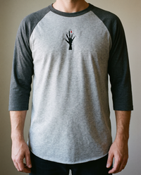 Claw Shadow Raglan, Heather Grey/Heather Charcoal, worn, chest detail, embroidered clawed hand on Tultex 245 raglan