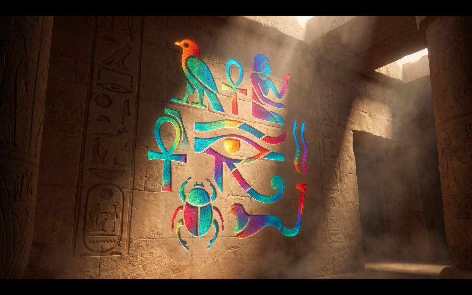 A monumental temple wall of glowing Egyptian hieroglyphs in a dim hall, in the jewel palette of the Ancient Code design