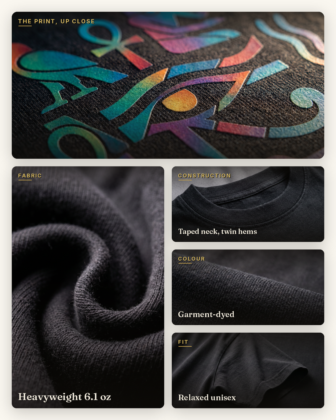 SuperMythic craft graphic for the Ancient Code tee: DTFlex print on black garment-dyed cotton with fabric, construction, colour and fit details
