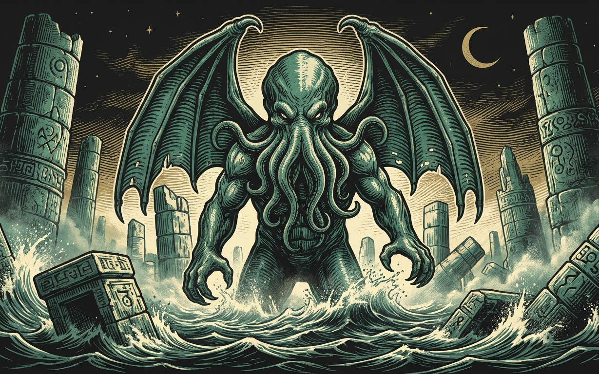 Cthulhu rising from the churning sea over the drowned ruins of R'lyeh, etched cinematic scene in sea-green and gold