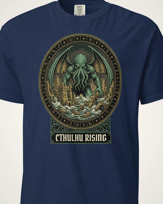 Cthulhu Rising tee, true navy, torso view