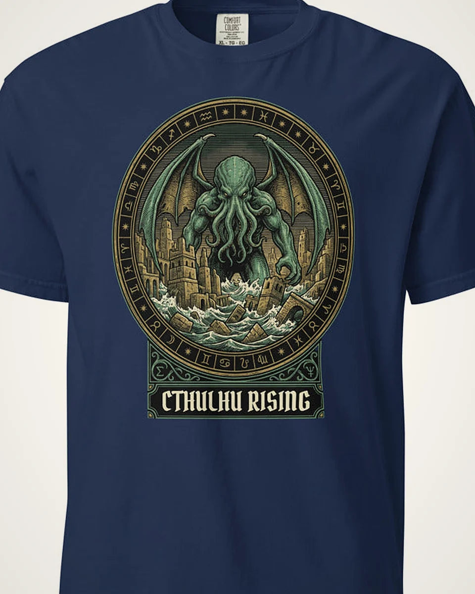Cthulhu Rising tee, true navy, torso view