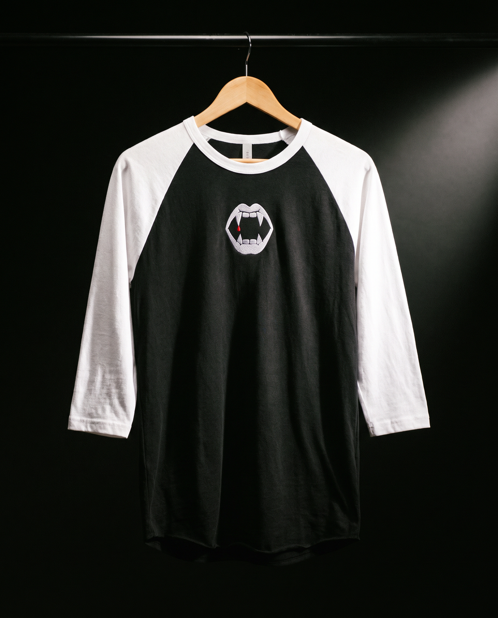 Fangs Raglan, Black/White, embroidered fangs on Tultex 245 raglan