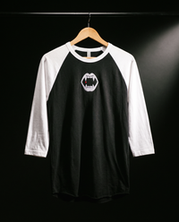 Fangs Raglan, Black/White, embroidered fangs on Tultex 245 raglan