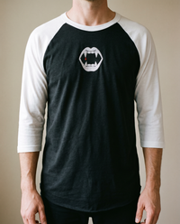 Fangs Raglan, Black/White, worn, chest detail, embroidered fangs on Tultex 245 raglan