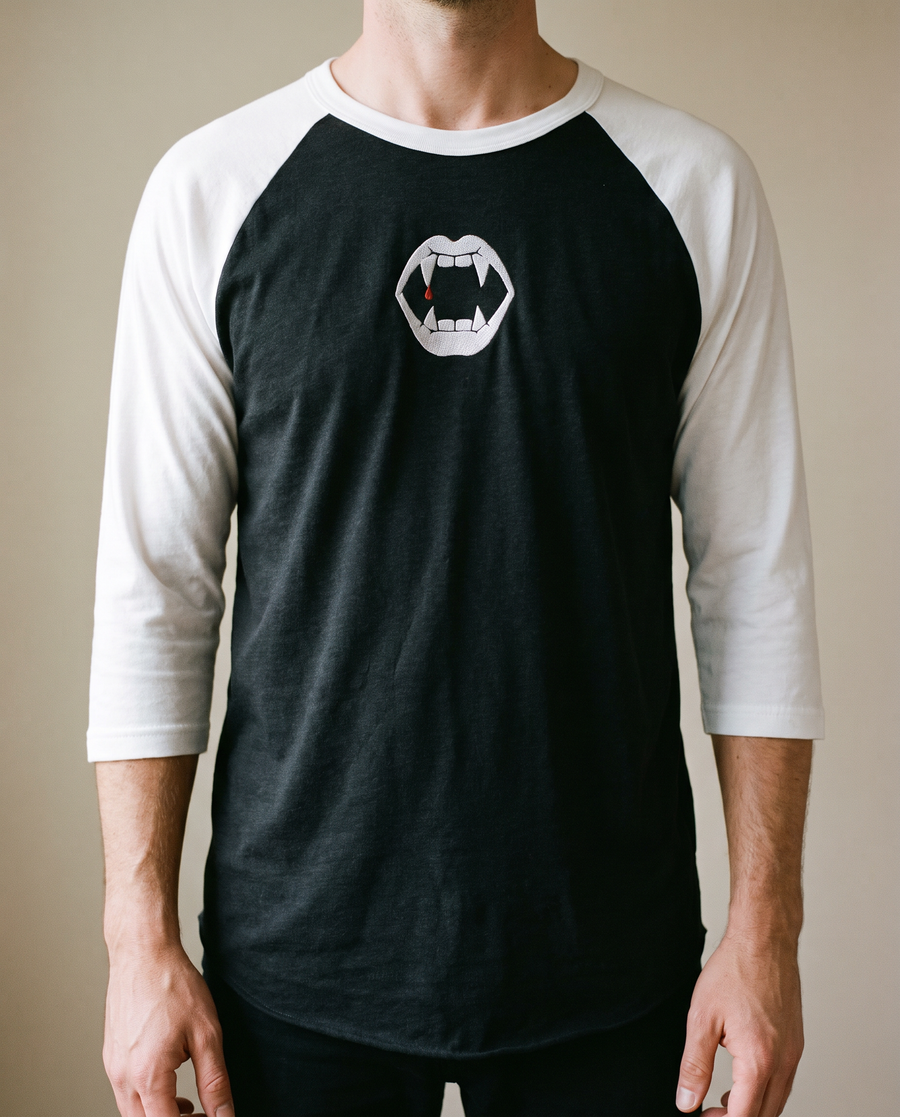 Fangs Raglan, Black/White, worn, chest detail, embroidered fangs on Tultex 245 raglan