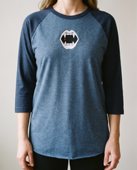 Fangs Raglan, Heather Denim/Navy, worn, chest detail, embroidered fangs on Tultex 245 raglan