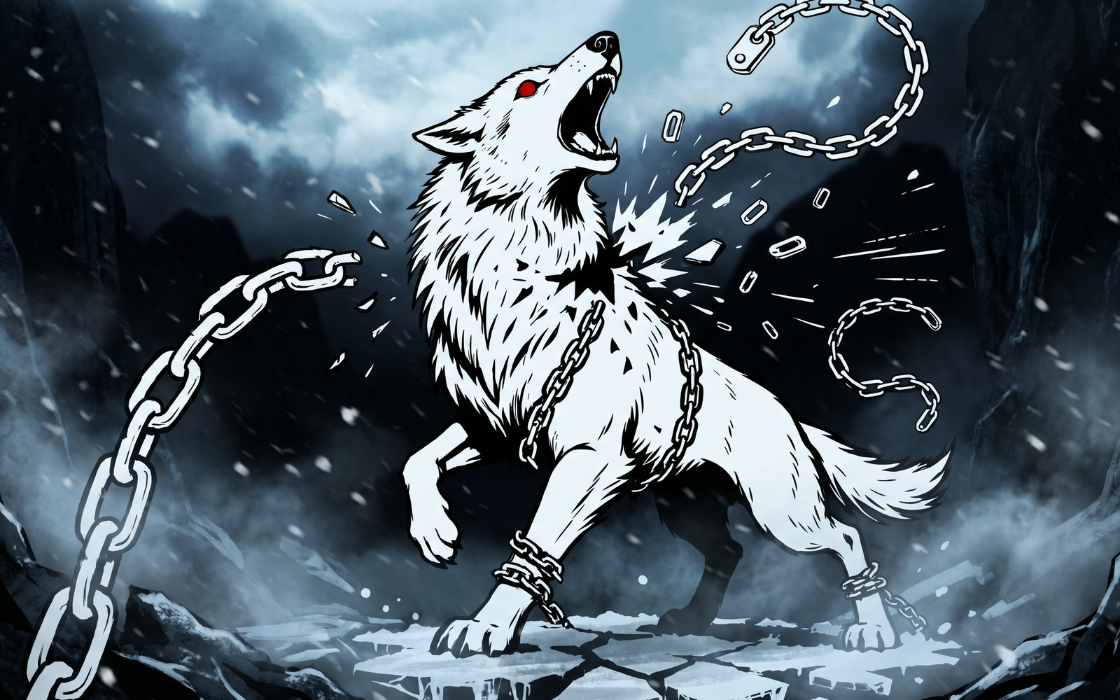 Fenrir the wolf snapping the chain Gleipnir in a snowbound Norse scene
