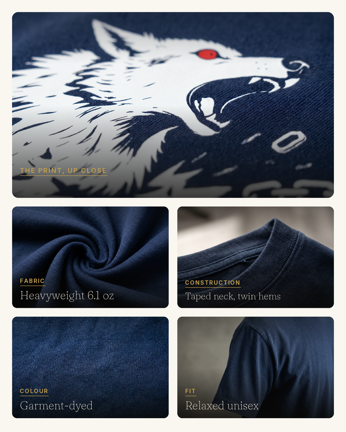 Close-up of the Fenrir print on true navy garment-dyed cotton with fabric detail panels
