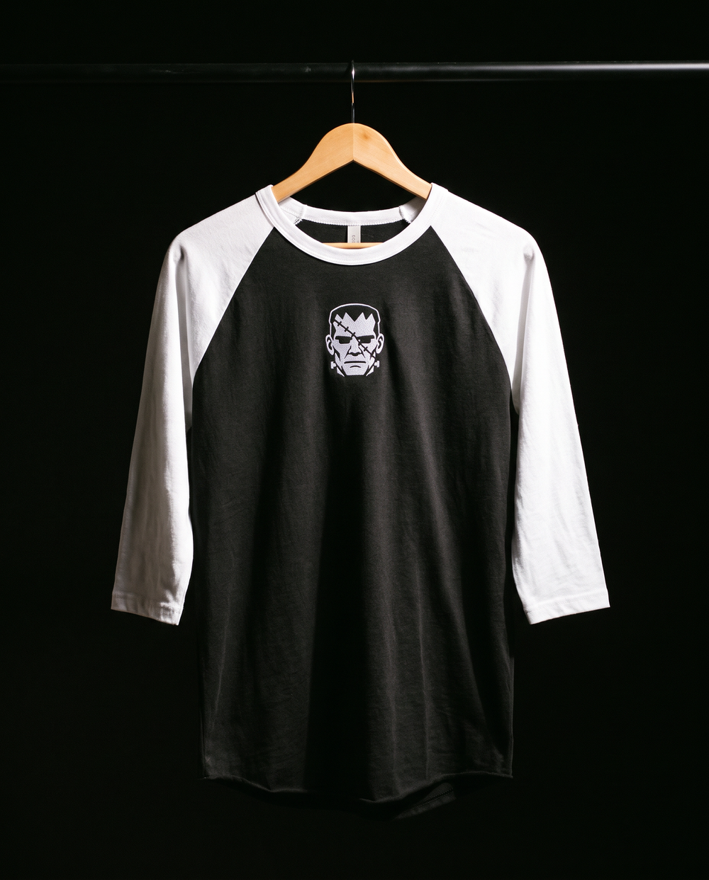 Frankenstein's Creature Raglan, Black/White, embroidered creature on Tultex 245 raglan
