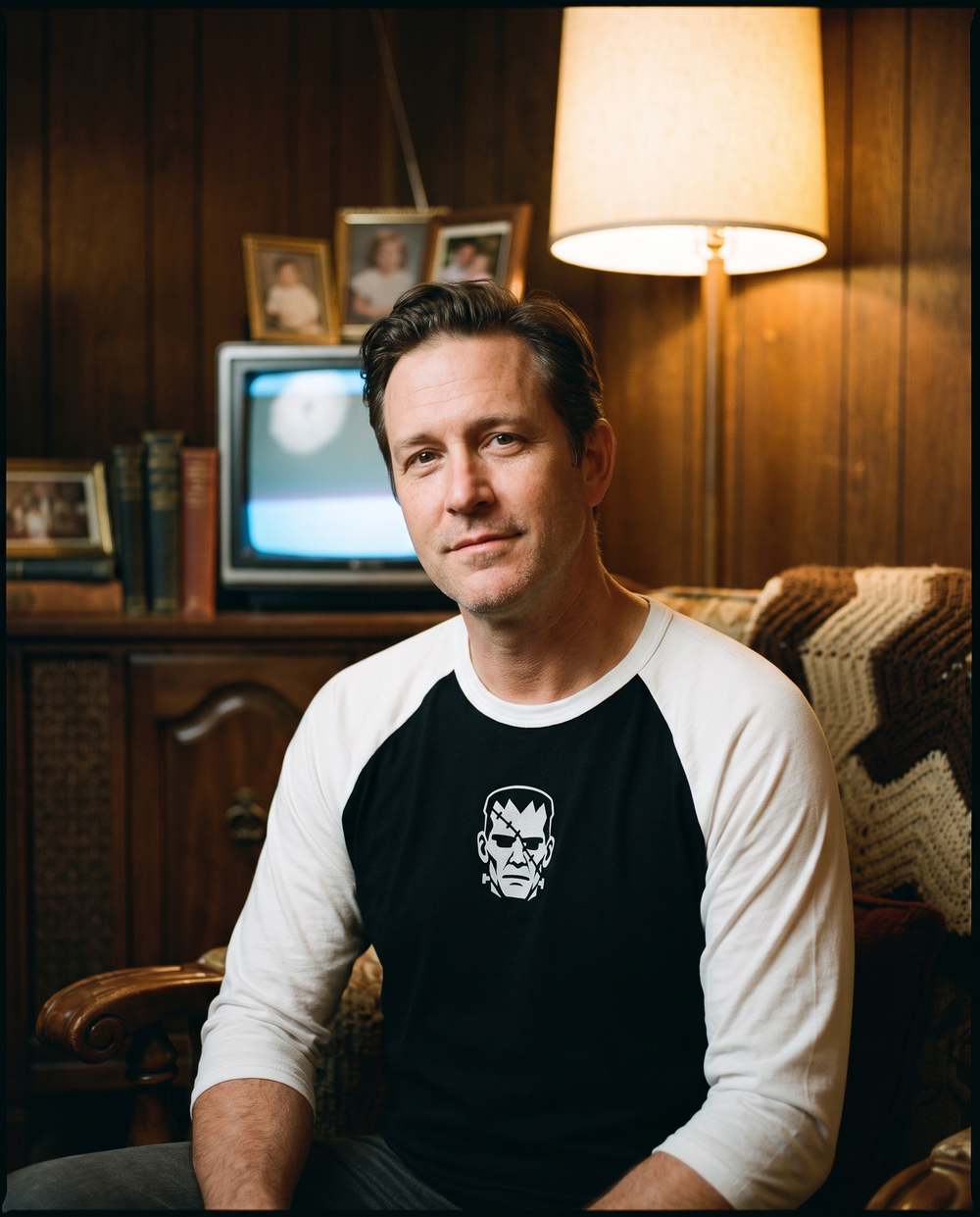 Frankenstein's Creature Raglan, Black/White, embroidered creature on Tultex 245 raglan