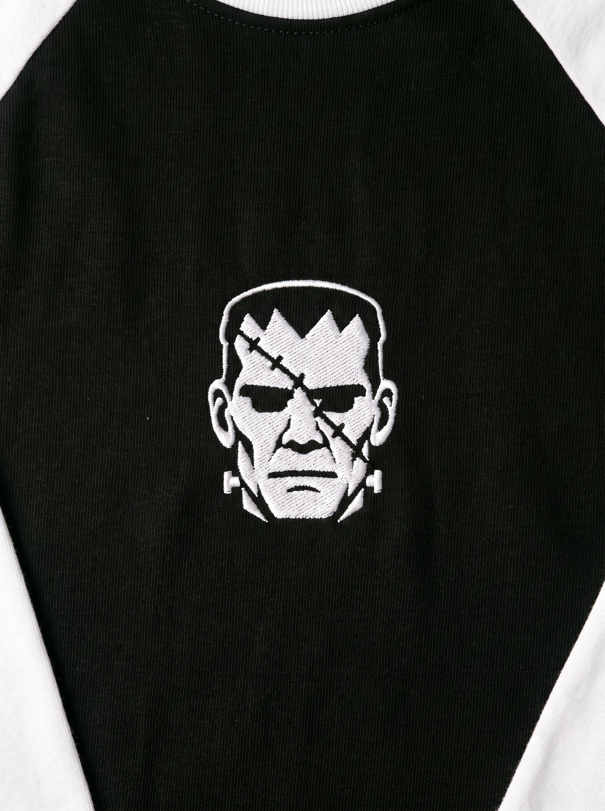 Frankenstein's Creature Raglan, Black/White, embroidered creature on Tultex 245 raglan