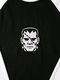 Frankenstein's Creature Raglan, Black/White, embroidered creature on Tultex 245 raglan