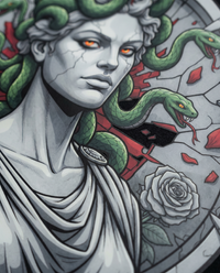 Macro closeup of the Medusa print sitting flush on black garment dyed cotton.