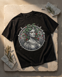 Medusa black tee styled flat on weathered limestone with broken marble.
