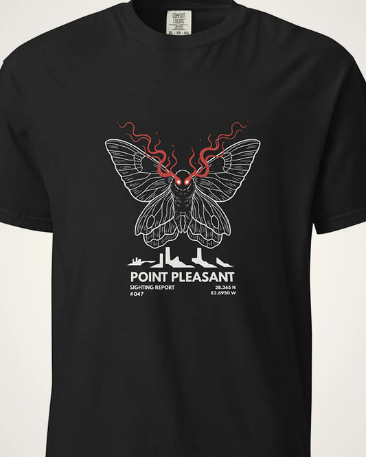 Mothman: Red Eyes Over Point Pleasant tee, black, torso view