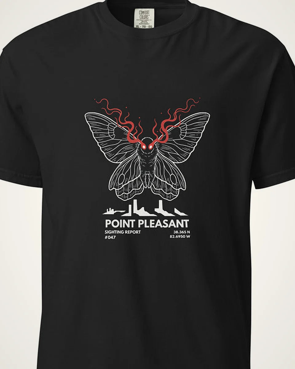 Mothman: Red Eyes Over Point Pleasant tee, black, torso view