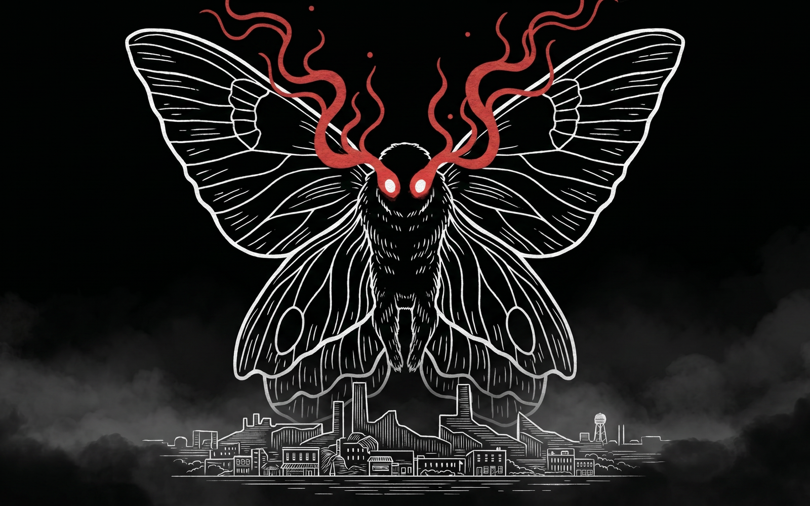 Mothman red eyes legend scene, colossal engraved moth with red smoke-trailing eyes over the Point Pleasant skyline