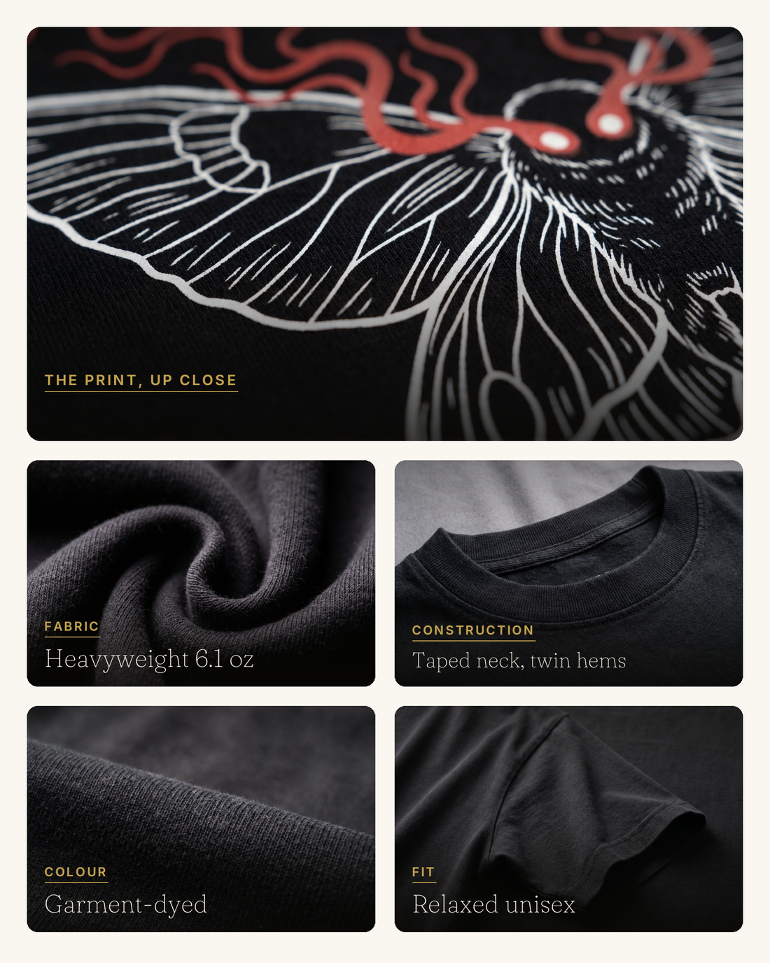 Mothman red eyes quality collage, DTFlex engraved print closeup with fabric detail panels on black cotton