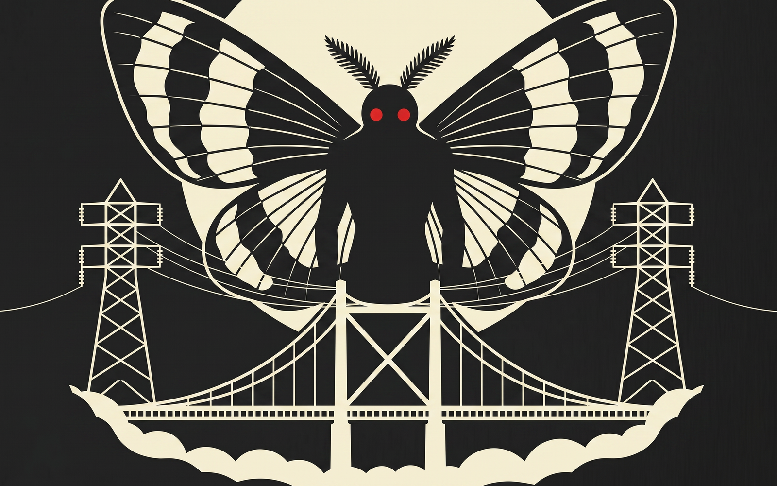 Mothman sighting report legend scene, colossal moth above the Silver Bridge under a full moon