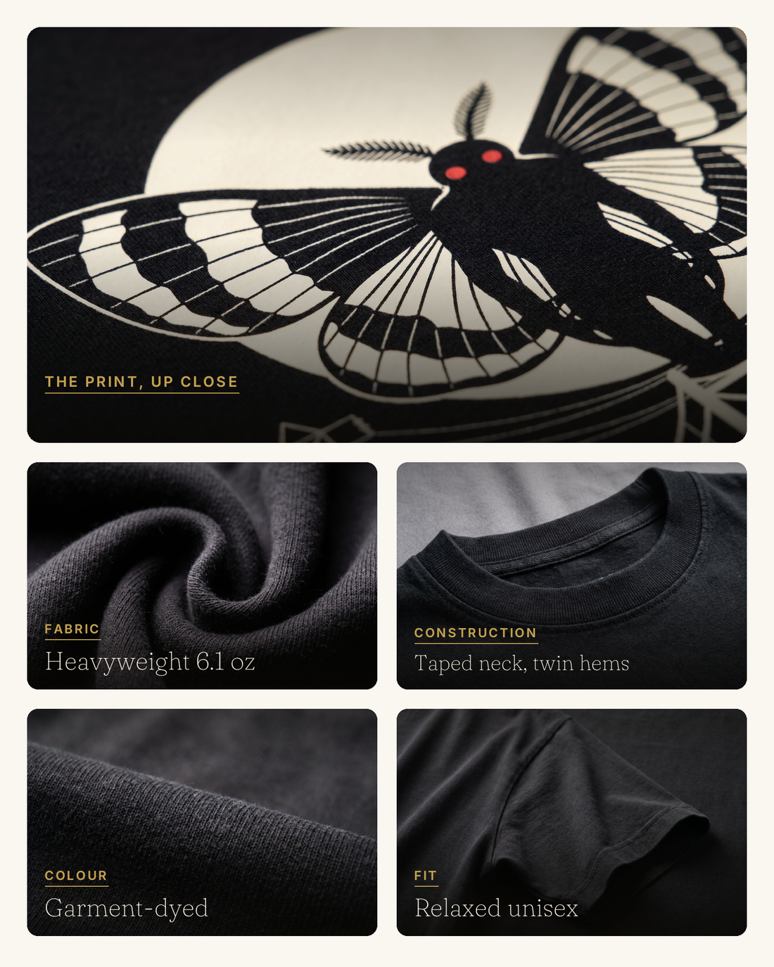 Mothman sighting report quality collage, DTFlex print closeup with fabric detail panels on black cotton