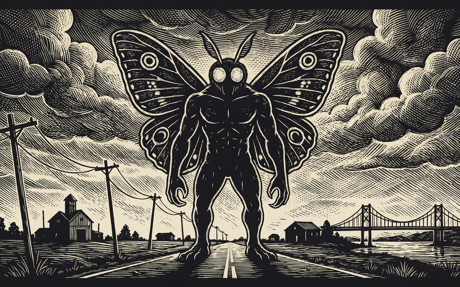 Mothman warning legend scene, woodcut Mothman over a lonely rural road