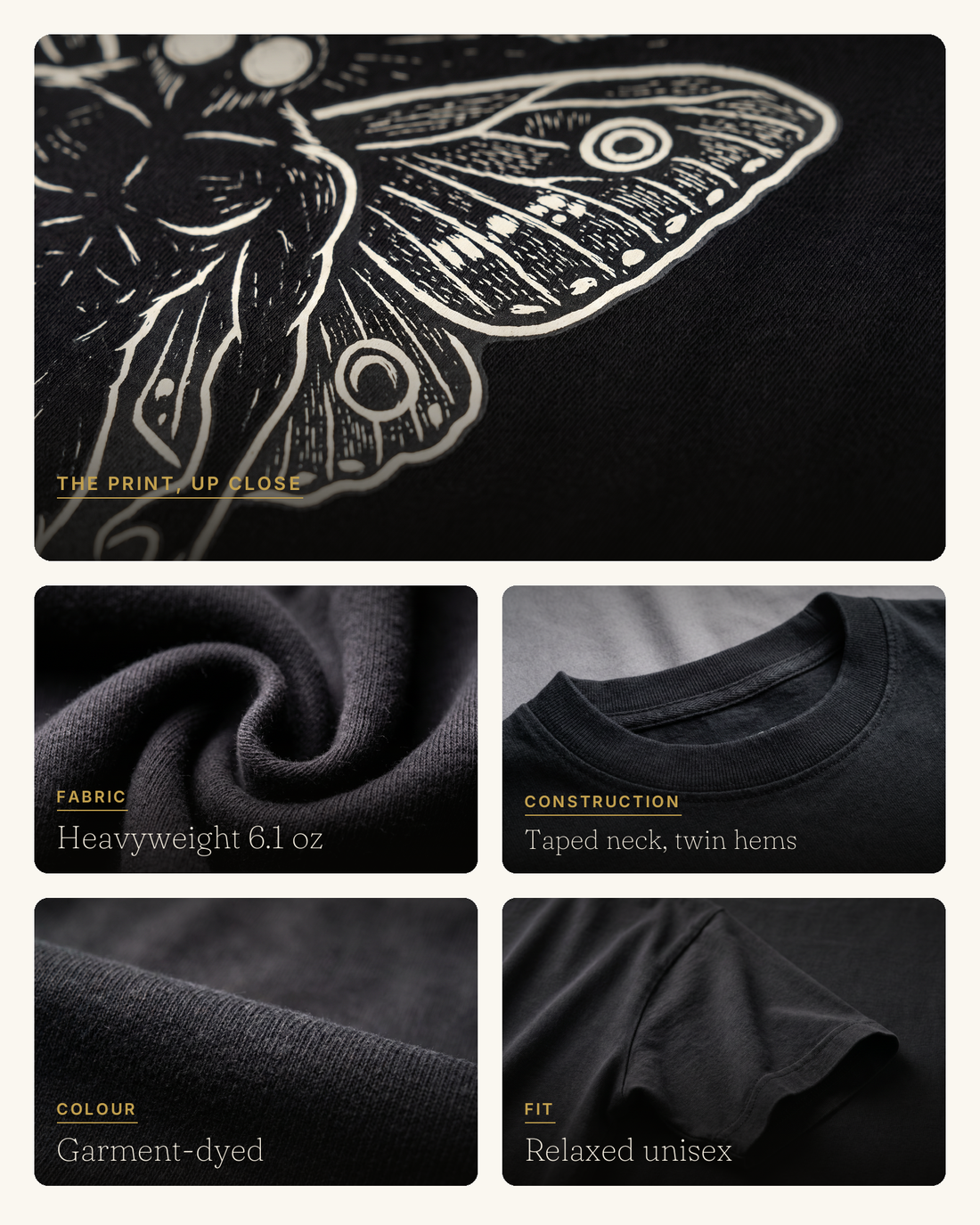 Mothman warning quality collage, DTFlex woodcut print closeup with fabric detail panels on black cotton