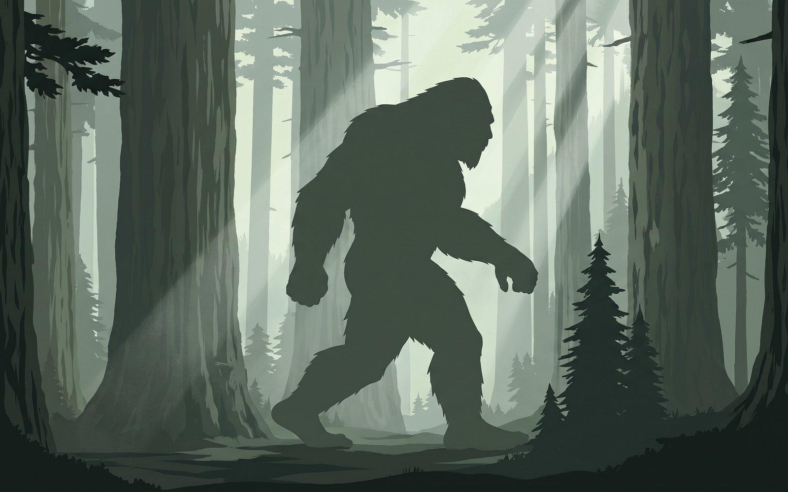 Sasquatch legend scene, giant striding through misty old-growth Pacific Northwest forest