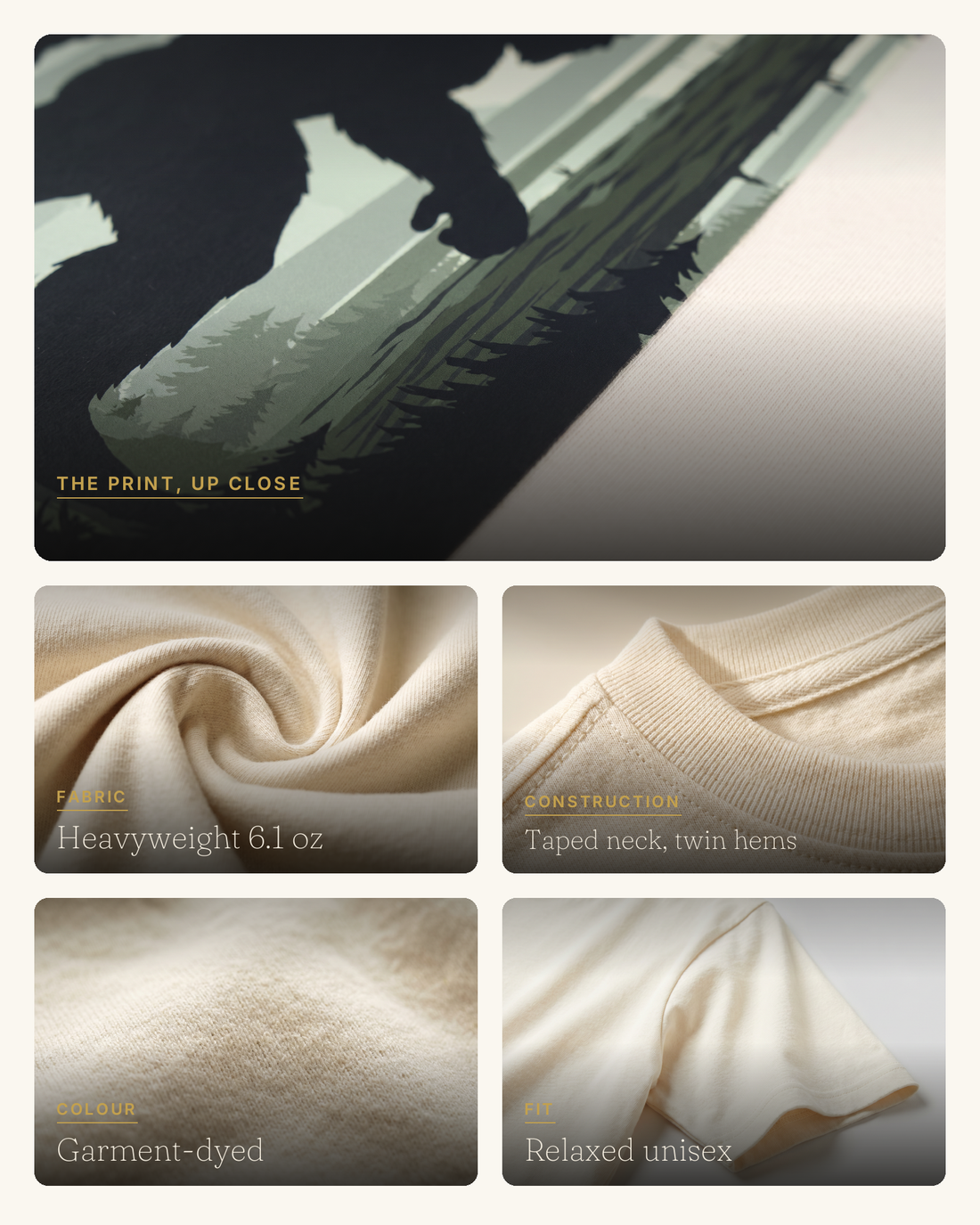 Sasquatch quality collage, DTFlex forest print closeup with fabric detail panels on ivory cotton