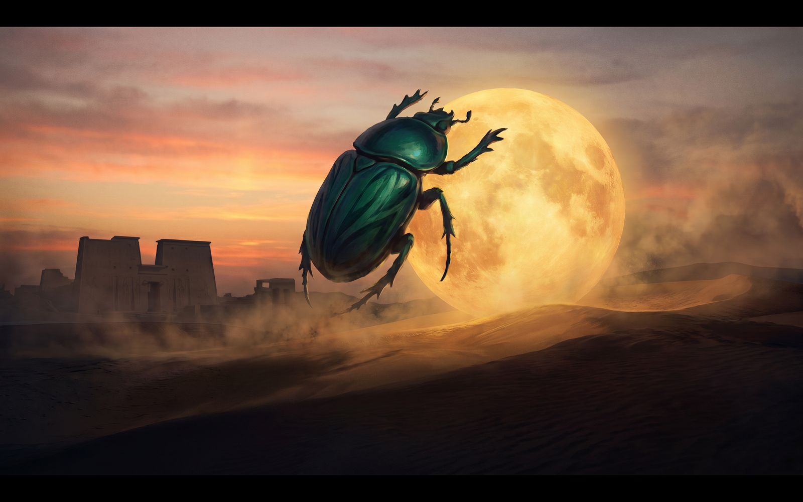 A colossal emerald scarab rolling a glowing sun disk at dawn over the desert, in the palette of the Scarab: The Rising Sun design