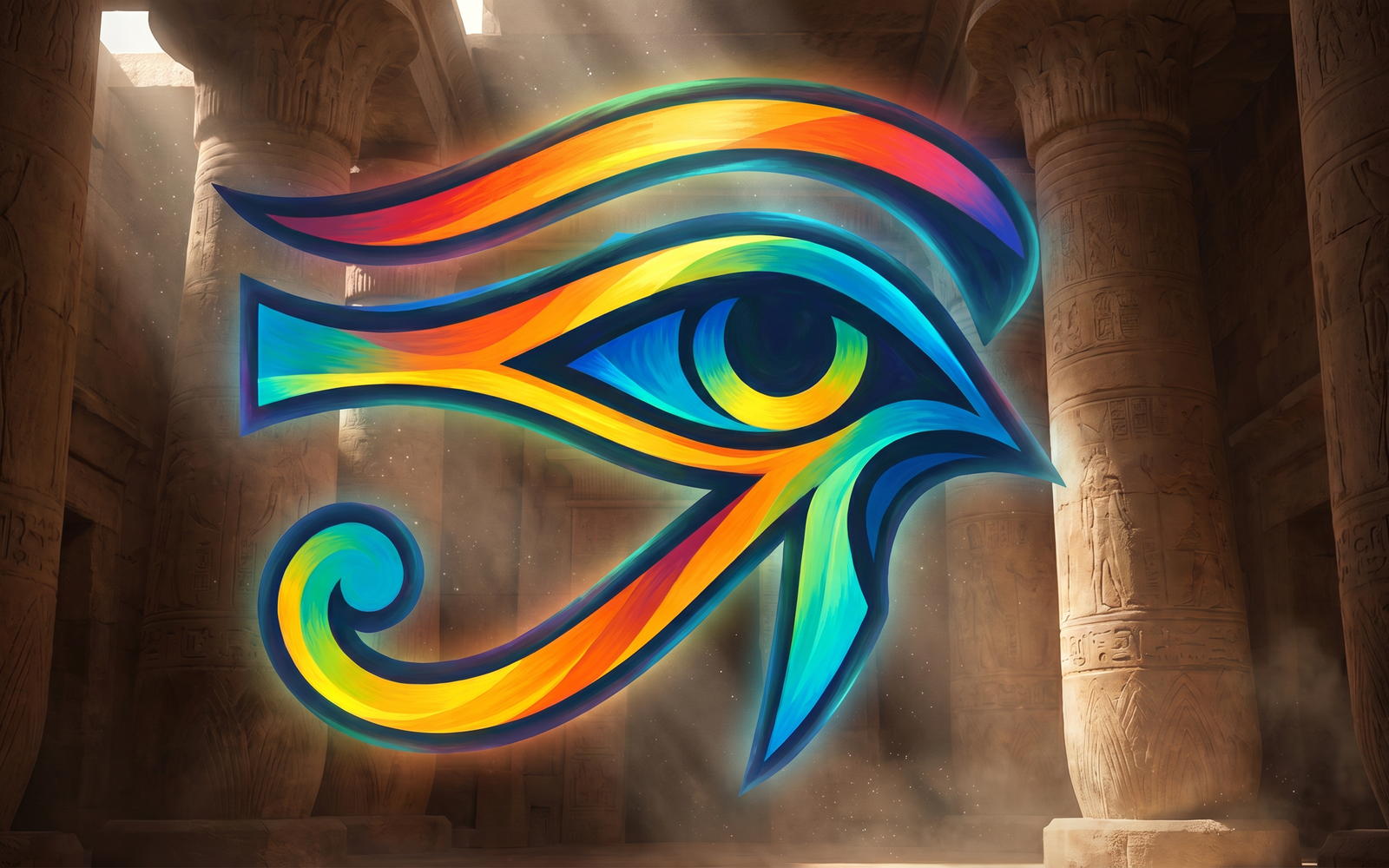The Eye of Horus staged as a glowing monument in an ancient Egyptian temple hall, in the See All iridescent palette