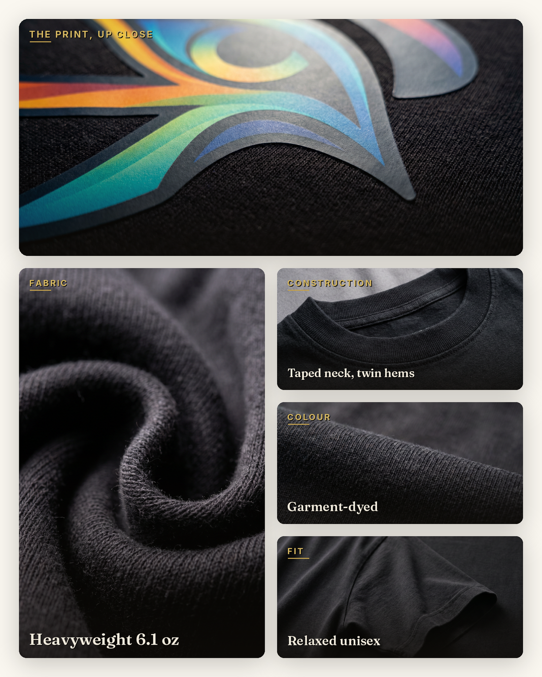 SuperMythic craft graphic for the See All tee: the DTFlex transfer print on black garment-dyed cotton, with heavyweight fabric, taped neck, garment-dye and relaxed fit details