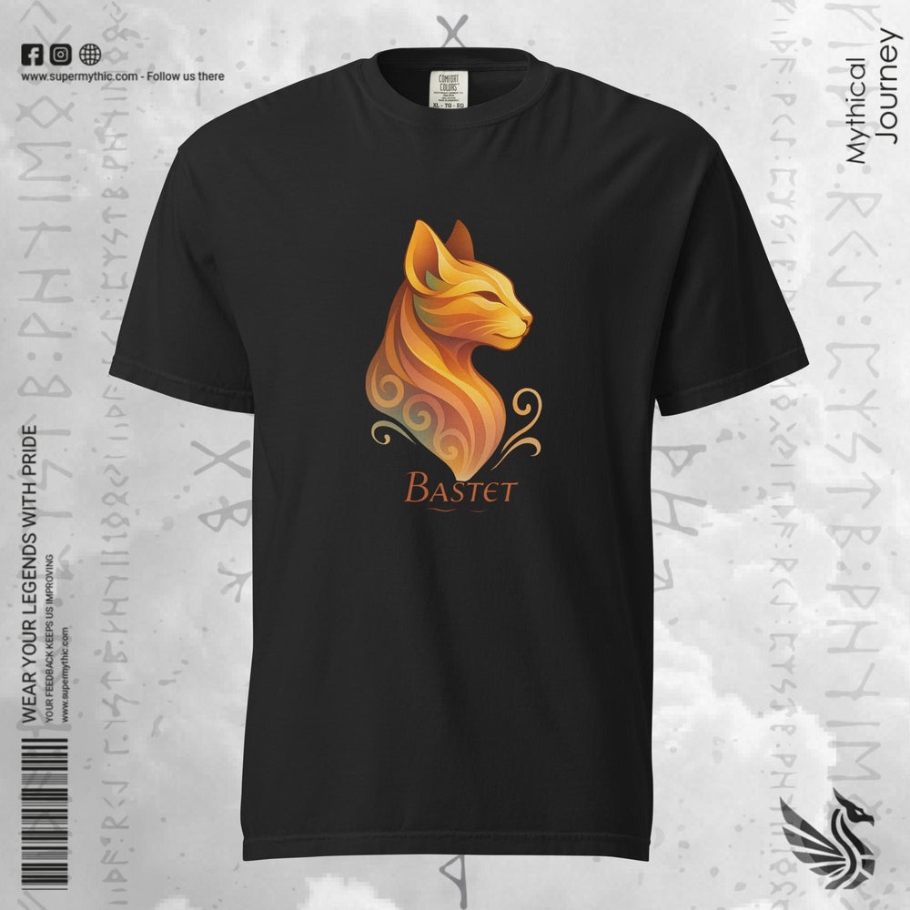 Bastet, the Egyptian cat goddess in flame-gold, on a black heavyweight tee, front view.