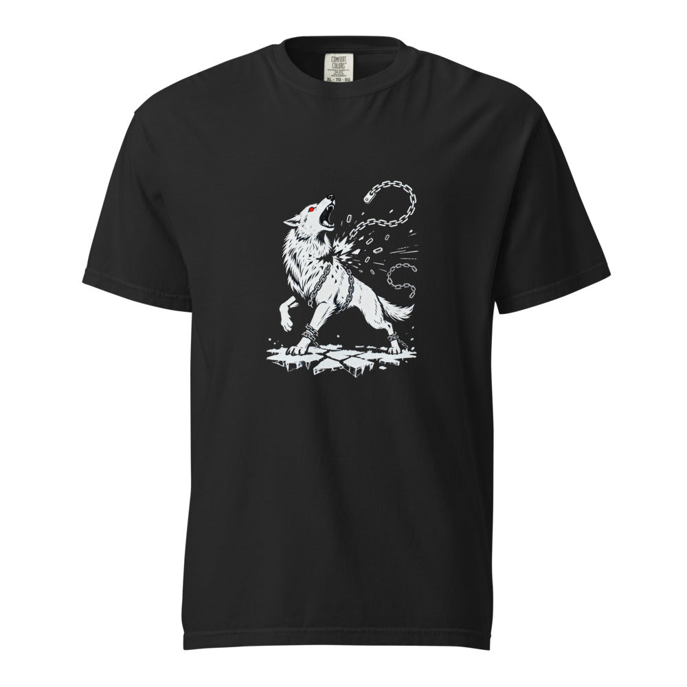 Fenrir the Chain Breaker, white wolf snapping his fetter Gleipnir, printed on a black heavyweight tee