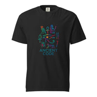 Egyptian hieroglyph collage in jewel tones, the Eye of Horus at center with the falcon of Horus, twin ankhs, a scarab, and a reclining sphinx above the words Ancient Code, on a black heavyweight Comfort Colors tee.