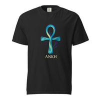 A flowing water blue ankh, the Egyptian key of life, above the word Ankh, on a black heavyweight Comfort Colors tee.