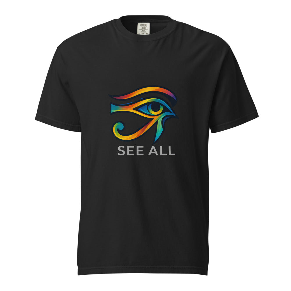 A full color rainbow Eye of Horus, the wedjat, above the words See All, on a black heavyweight Comfort Colors tee.