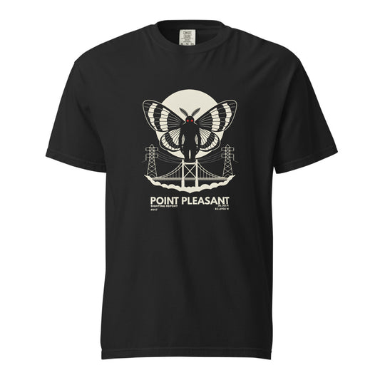 Mothman: The Sighting Report design, on a black heavyweight Comfort Colors tee.