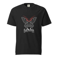 Mothman: Red Eyes Over Point Pleasant design, on a black heavyweight Comfort Colors tee.