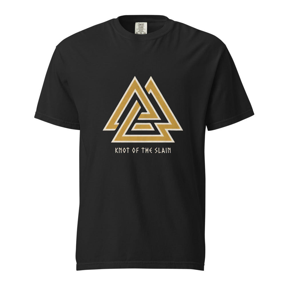 Valknut: Knot of the Slain design, on a black heavyweight Comfort Colors tee.