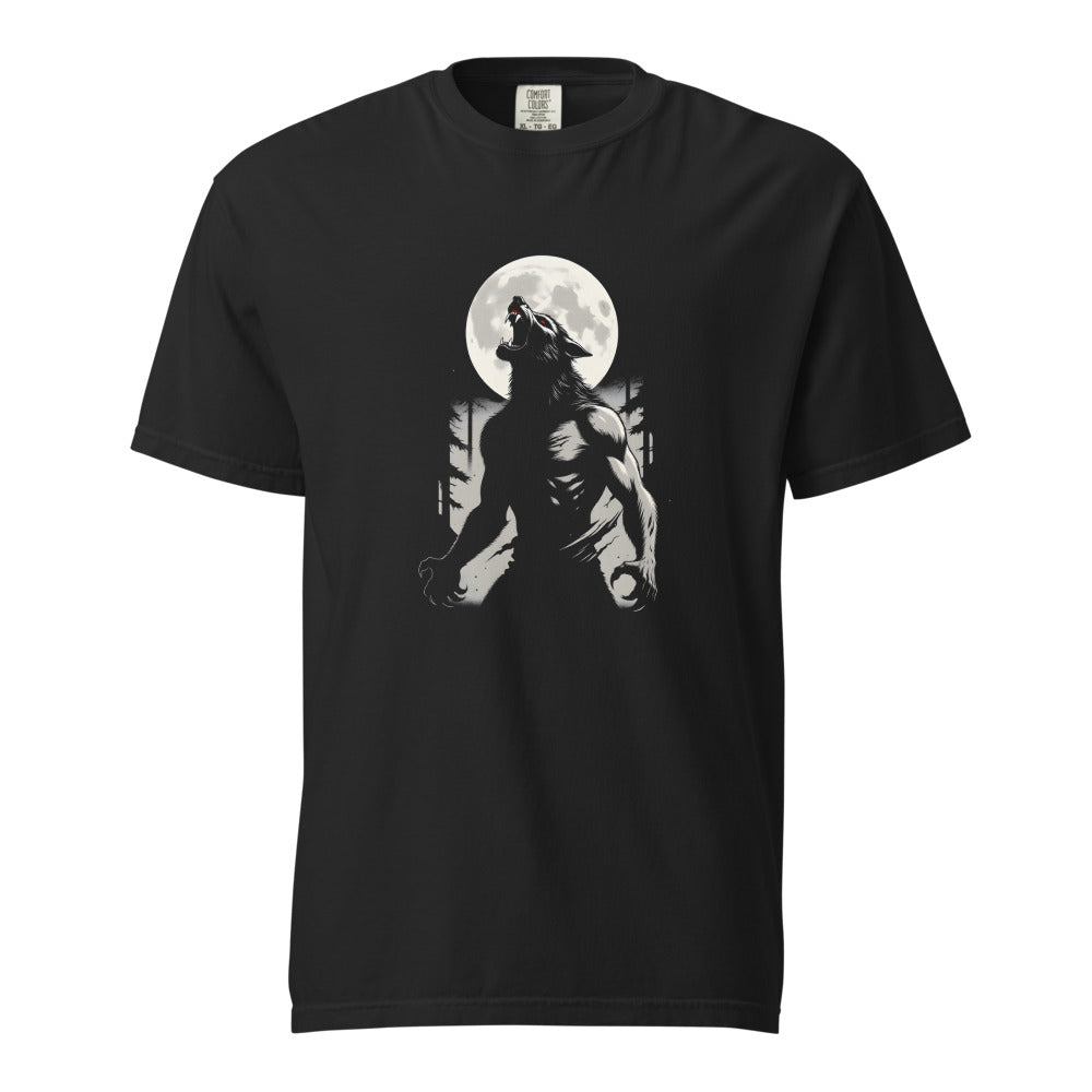Werewolf: The Moon's Curse design, on a black heavyweight Comfort Colors tee.