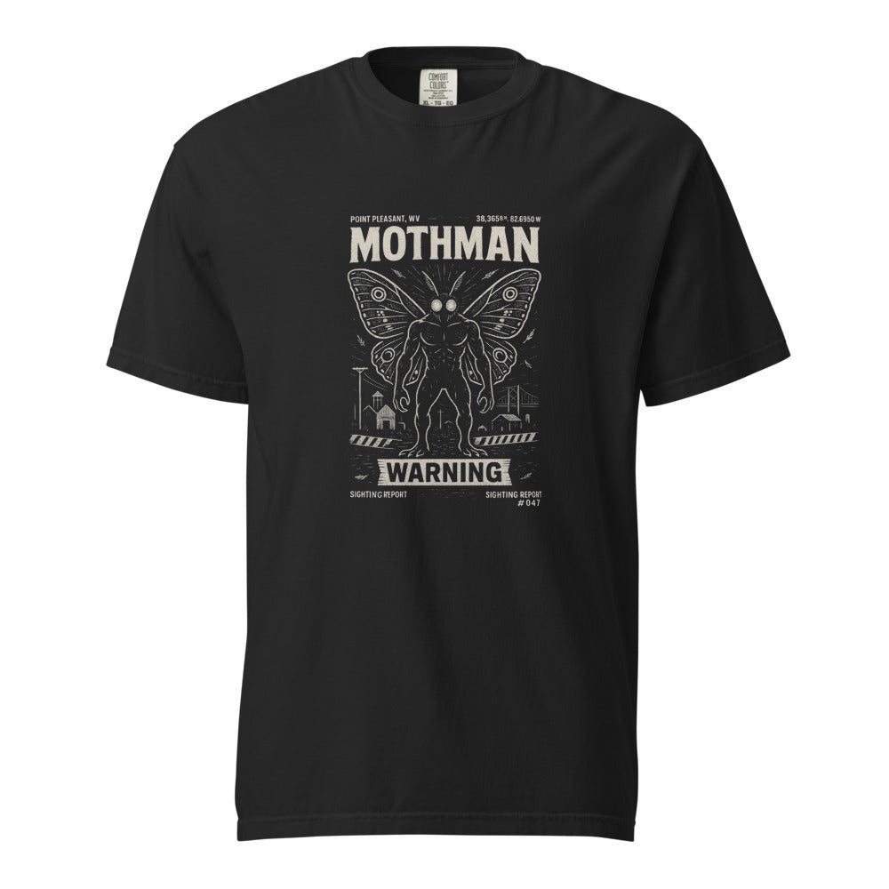 Mothman: The Warning design, on a black heavyweight Comfort Colors tee.