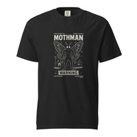 Mothman: The Warning design, on a black heavyweight Comfort Colors tee.