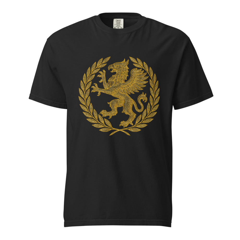 Gold griffin guardian crowned in the victor's laurel, on a black heavyweight Comfort Colors tee.