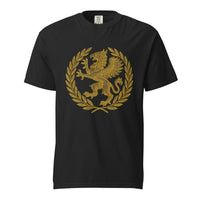 Gold griffin guardian crowned in the victor's laurel, on a black heavyweight Comfort Colors tee.